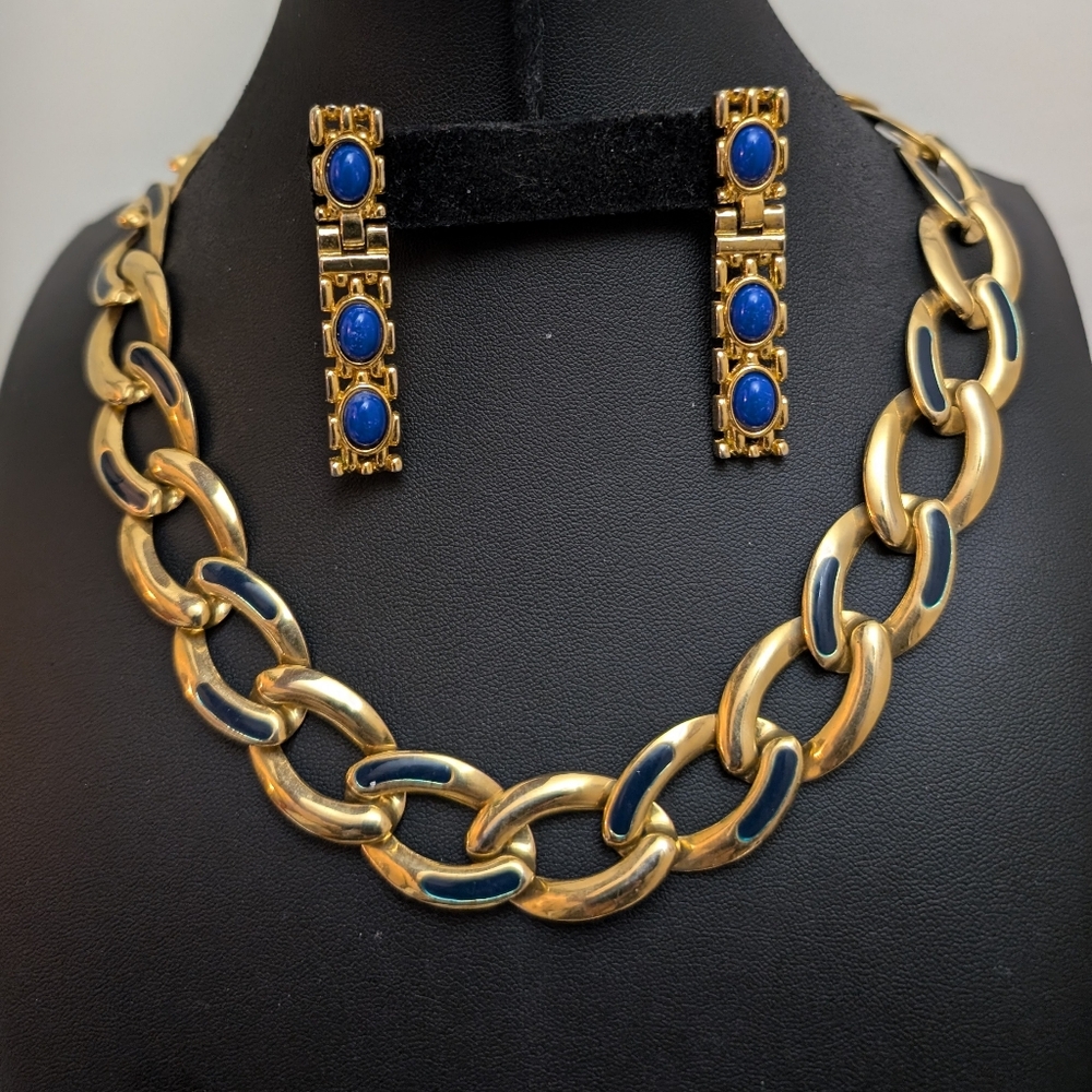 Gold-Tone Chain Necklace with Blue Enamel Accents - Women's Jewelry